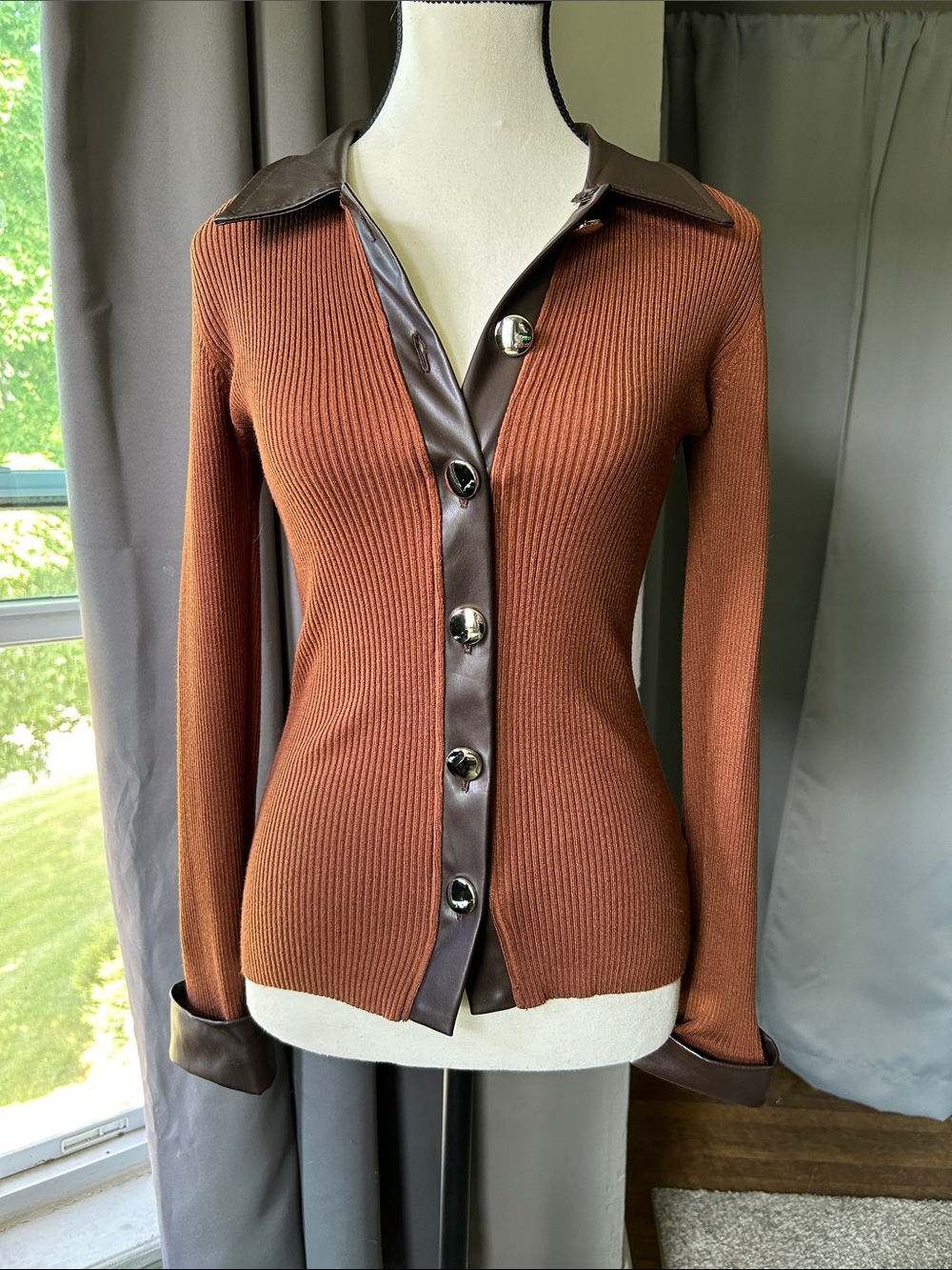 New York & Company Brown Ribbed Cardigan with Faux Leather Trim